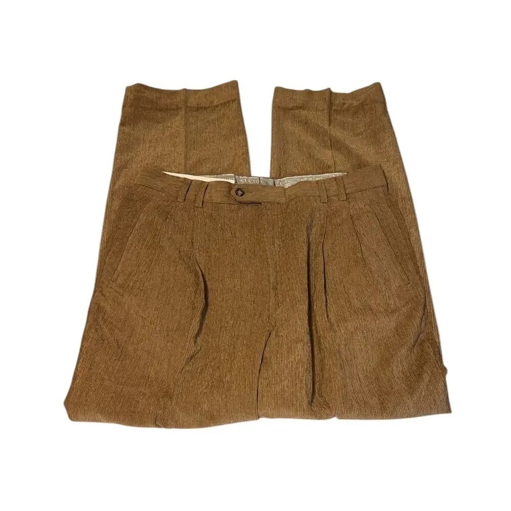 Vintage St. Croix Italy Men's Corduroy Pleated Cuffed Dress Pants Khaki Size 36
